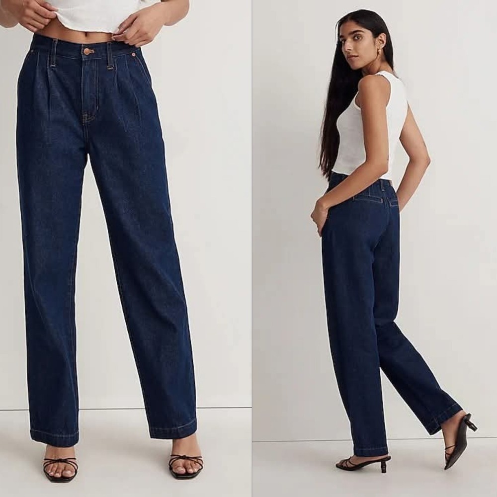 Madewell Baggy‎ Straight Jeans Dark Wash Pleated High Rise Size 26 NWT